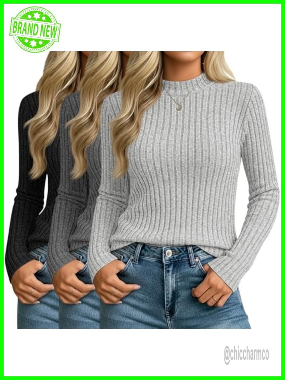 3-Pack Women's Mock Neck Ribbed Knit Sweaters Long Sleeve Casual Pullover